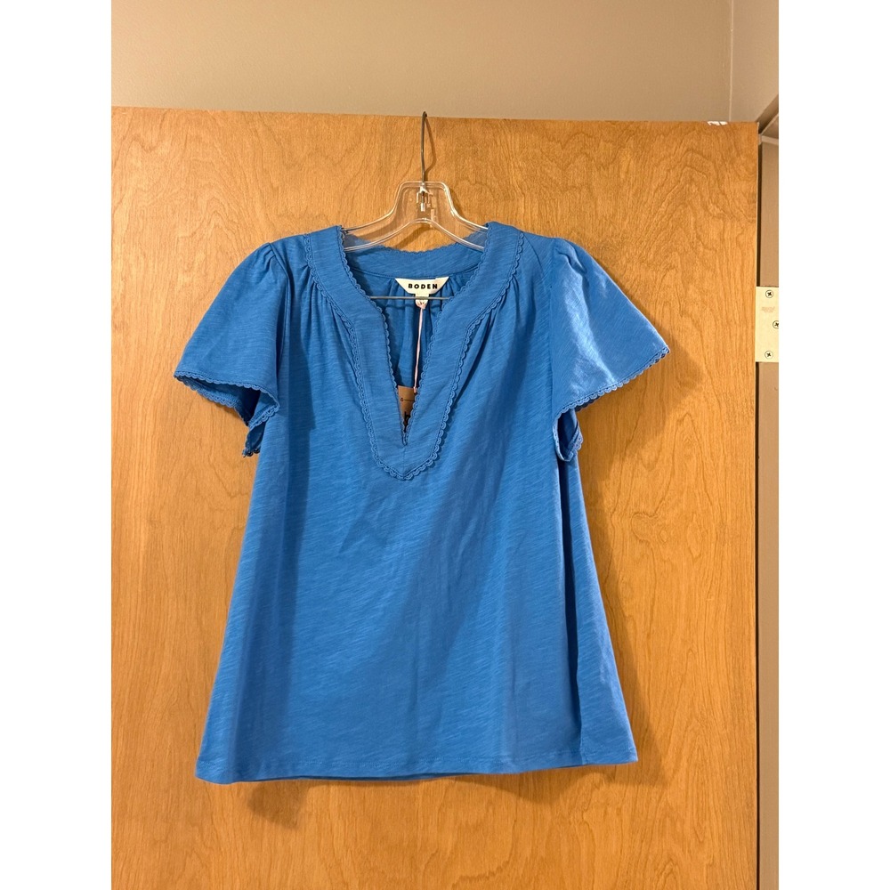 Boden Blue Slub Cotton Crochet Trim V-Neck Flutter Sleeve Top Size US 6 NEW